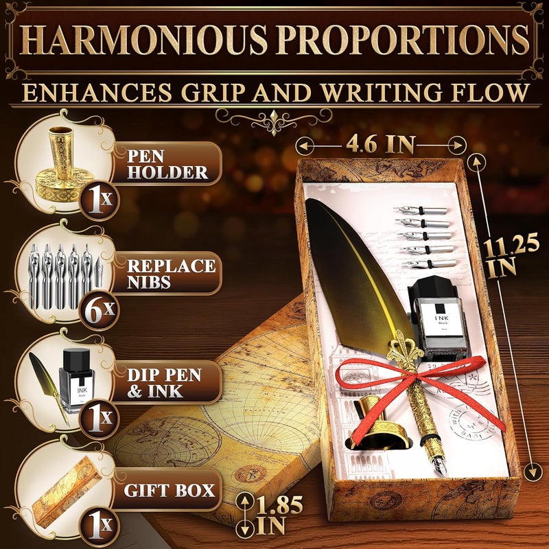 Kotko Antique Feather Quill Pen and Ink Set – Stand & Gift Box, Golden Writing Quill and Ink Set with 5 Nibs, Patterned Anti-Slip Grip – Stainless Steel Dip Pen for Signing & Writing | Calligraphy Gift - Image 2